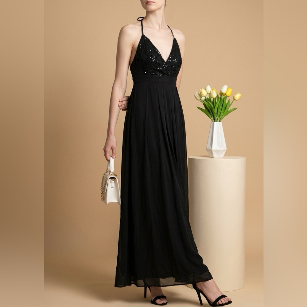 Love Couture Halter Beaded Babydoll Black Maxi Dress Size XS